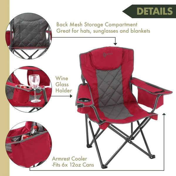 ARROWHEAD OUTDOOR Portable Folding Camping Quad Chair w/ 6-Can Cooler, Cup & Wine Glass Holders, Heavy-Duty Carrying Bag, Padded Armrests, Headrest & Seat, Supports up to 450lbs, USA-Based Support - Image 4